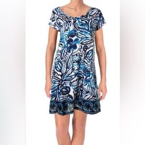 Lucky Brand blue white floral short sleeve cotton blend beachy coastal dress M